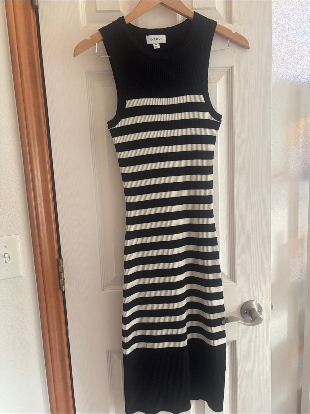 Evereve Black & White Striped Ribbed Sleeveless Midi Dress